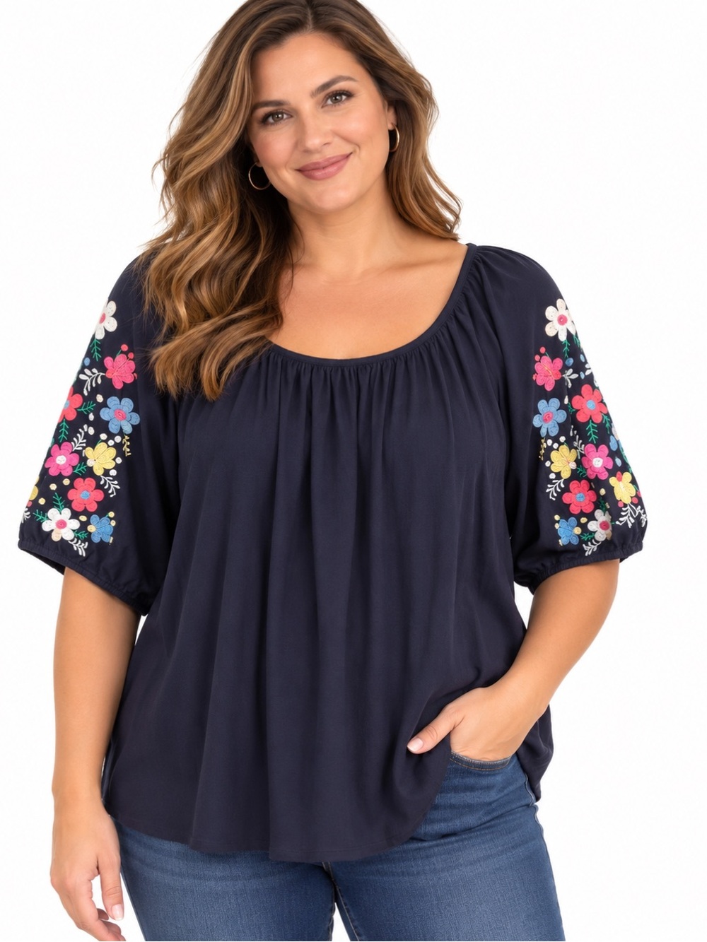 Talbots Plus 2X Navy Floral Embroidered Sleeve Cotton Modal Top